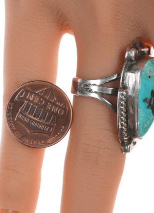 sz6 Chief Wolf Robe Hunt (1905 - 1977) Acoma silver and pear shaped turquoise ring - Estate Fresh Austin