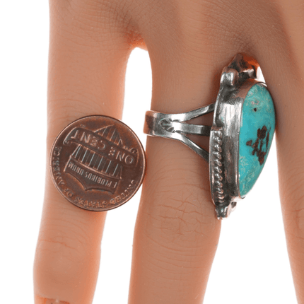 sz6 Chief Wolf Robe Hunt (1905 - 1977) Acoma silver and pear shaped turquoise ring - Estate Fresh Austin