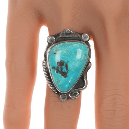 sz6 Chief Wolf Robe Hunt (1905 - 1977) Acoma silver and pear shaped turquoise ring - Estate Fresh Austin