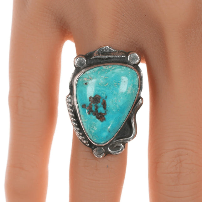 sz6 Chief Wolf Robe Hunt (1905-1977) Acoma silver and pear shaped turquoise ring - Estate Fresh Austin