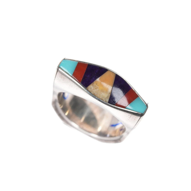 sz6 DZ Native American sterling sugilite, coral, turquoise, intarsia inlay ring - Estate Fresh Austin