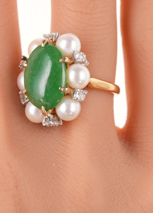 Sz6 Estate 18k Jadeite, Diamond, and pearl ring - Estate Fresh Austin