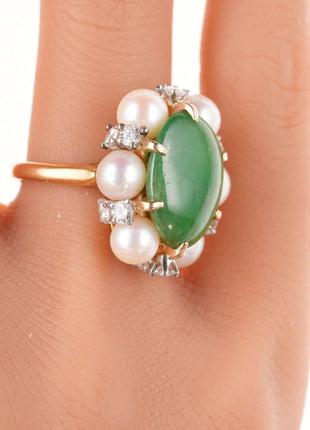 Sz6 Estate 18k Jadeite, Diamond, and pearl ring - Estate Fresh Austin