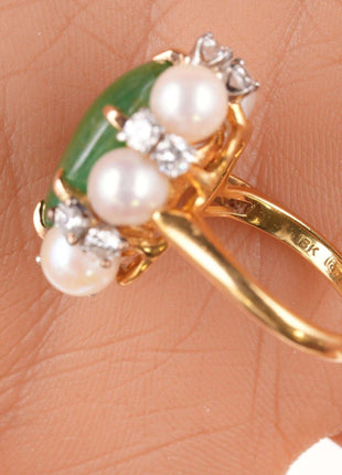 Sz6 Estate 18k Jadeite, Diamond, and pearl ring - Estate Fresh Austin