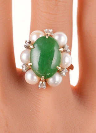 Sz6 Estate 18k Jadeite, Diamond, and pearl ring - Estate Fresh Austin