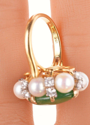 Sz6 Estate 18k Jadeite, Diamond, and pearl ring - Estate Fresh Austin