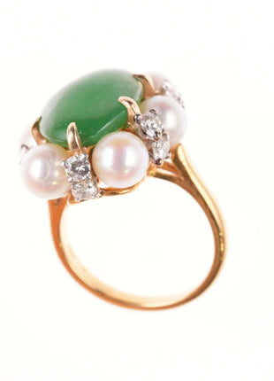 Sz6 Estate 18k Jadeite, Diamond, and pearl ring - Estate Fresh Austin