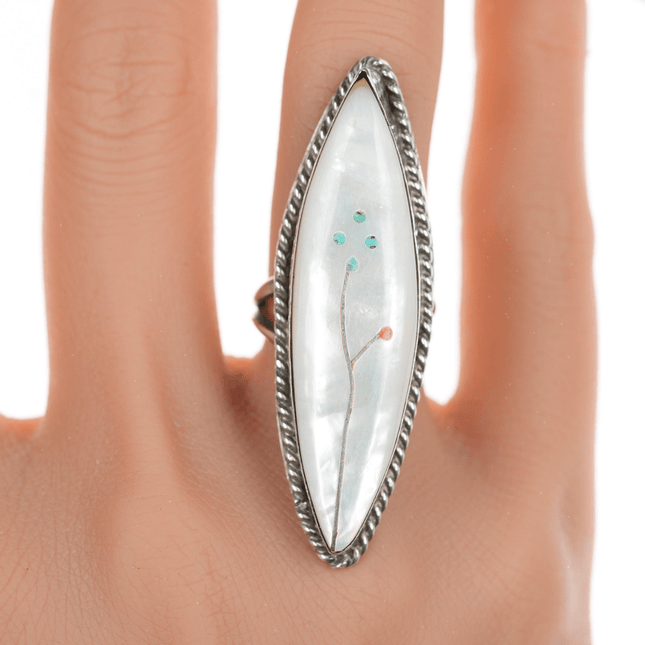 sz6 Long Zuni Inlaid Mother of pearl sterling ring - Estate Fresh Austin