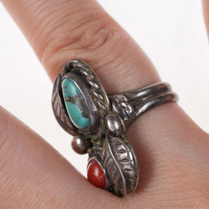 sz6 Vintage Native American sterling/turquoise and coral ring - Estate Fresh Austin