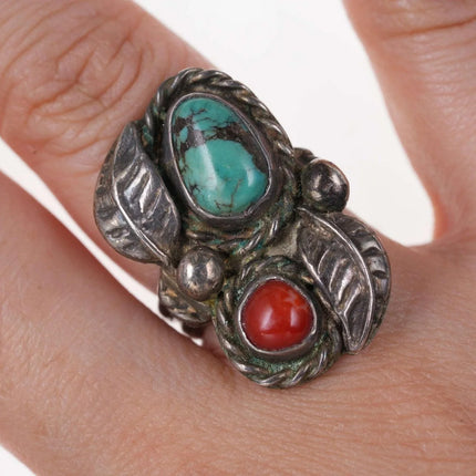 sz6 Vintage Native American sterling/turquoise and coral ring - Estate Fresh Austin