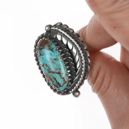 sz6 Vintage Navajo silver leafwork ring with turquoise H - Estate Fresh Austin
