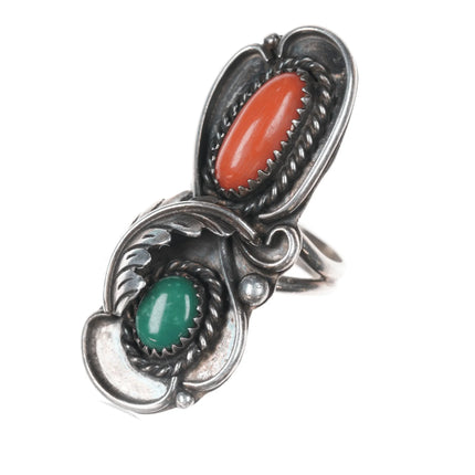sz6.25 Bernice Bonney Navajo silver long ring with nice turquoise and coral - Estate Fresh Austin