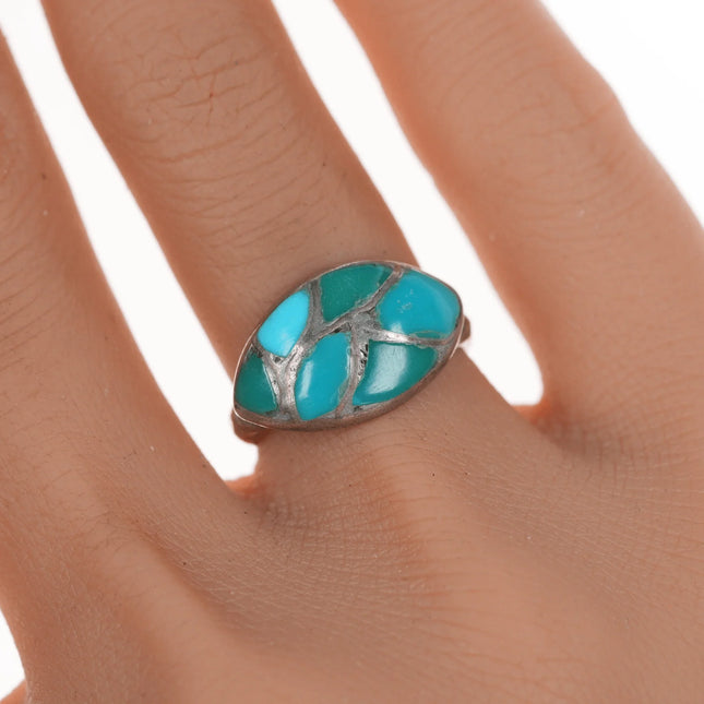 sz6.25 Vintage Zuni fishscale turquoise channel inlay silver ring - Estate Fresh Austin