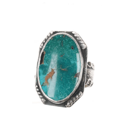 sz6.25 Wolf Robe Hunt Acoma silver tufa cast band ring with turquoise - Estate Fresh Austin