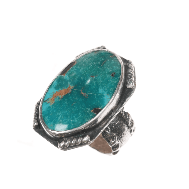 sz6.25 Wolf Robe Hunt Acoma silver tufa cast band ring with turquoise - Estate Fresh Austin