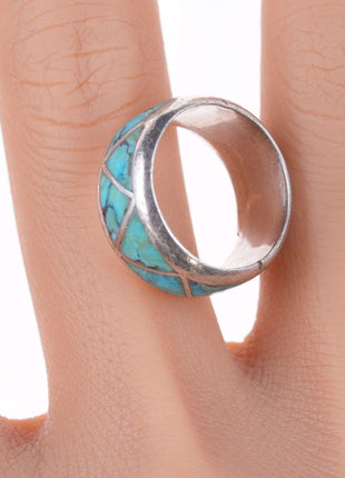 sz6.5 1940's - 50's Zuni silver Channel inlay turquoise band ring - Estate Fresh Austin