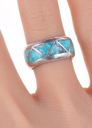 sz6.5 1940's - 50's Zuni silver Channel inlay turquoise band ring - Estate Fresh Austin