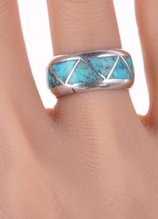 sz6.5 1940's - 50's Zuni silver Channel inlay turquoise band ring - Estate Fresh Austin