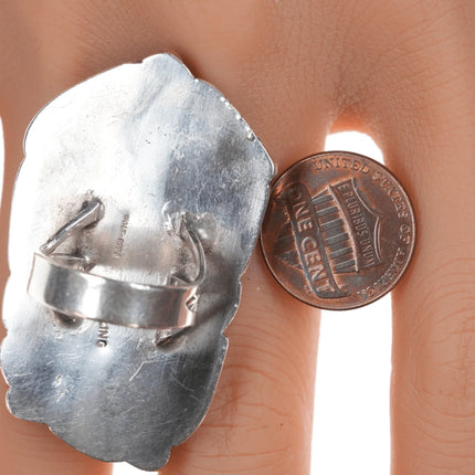 sz6.5 Chief Wolf Robe Hunt (1905-1977) Acoma silver, turquoise, branch coral ring - Estate Fresh Austin