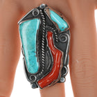 sz6.5 Chief Wolf Robe Hunt (1905-1977) Acoma silver, turquoise, branch coral ring - Estate Fresh Austin