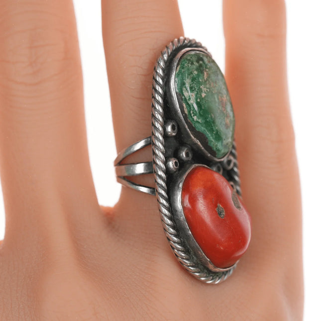 sz6.5 Vintage Native American Cerrillos turquoise and coral ring - Estate Fresh Austin