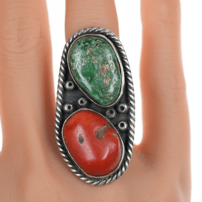 sz6.5 Vintage Native American Cerrillos turquoise and coral ring - Estate Fresh Austin