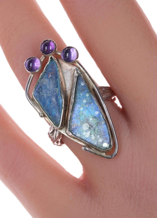 sz6.75 Artisan Sterling, Sea Glass, and amethyst ring - Estate Fresh Austin