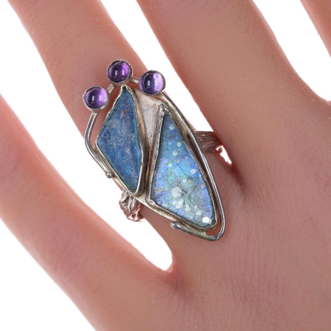 sz6.75 Artisan Sterling, Sea Glass, and amethyst ring - Estate Fresh Austin