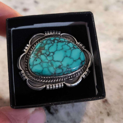 Sz6.75 Cecil Atencio Navajo Sterling and Spiderweb Turquoise Statement Ring - Estate Fresh Austin