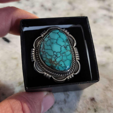 Sz6.75 Cecil Atencio Navajo Sterling and Spiderweb Turquoise Statement Ring - Estate Fresh Austin