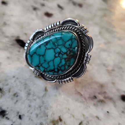 Sz6.75 Cecil Atencio Navajo Sterling and Spiderweb Turquoise Statement Ring - Estate Fresh Austin