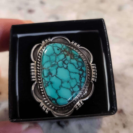 Sz6.75 Cecil Atencio Navajo Sterling and Spiderweb Turquoise Statement Ring - Estate Fresh Austin