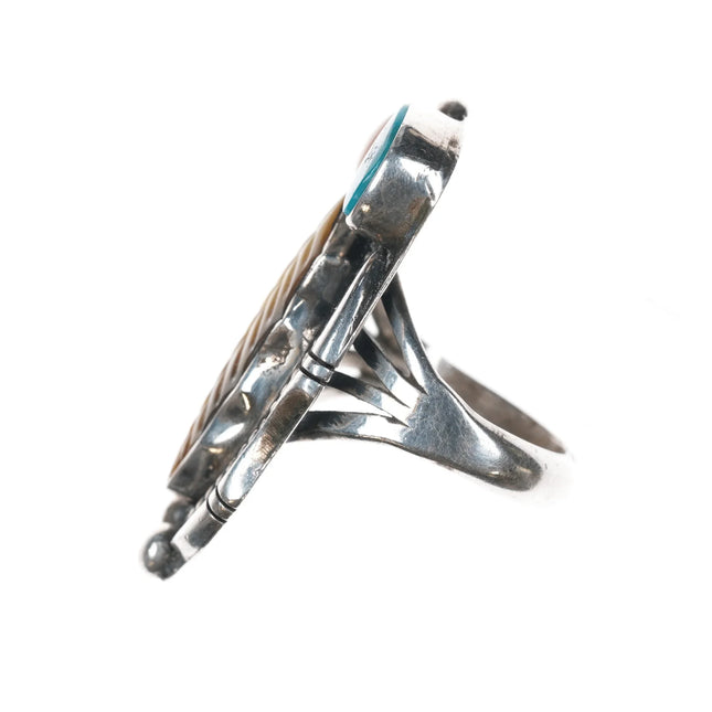 sz6.75 Roy Vandever Navajo sterling, carved shell, turquoise, and coral ring - Estate Fresh Austin