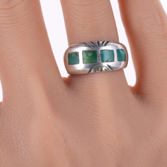 sz7 30's - 40's Zuni Silver and turquoise flush inlay ring - Estate Fresh Austin