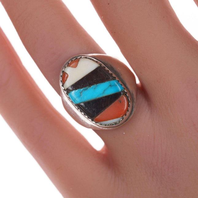 sz7 70's Native American sterling channel inlay ring - Estate Fresh Austin