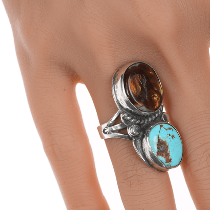 sz7 Chief Wolf Robe Hunt (1905 - 1977) Acoma silver, Fire Agate, and turquoise ring - Estate Fresh Austin