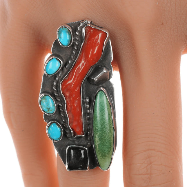 sz7 Chief Wolf Robe Hunt (1905-1977) Acoma silver, turquoise, branch coral, and oxyx ring - Estate Fresh Austin