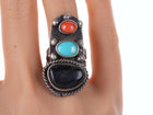 sz7 Large Vintage Native American sterling/turquoise, coral, and onyx ring - Estate Fresh Austin