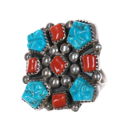 Sz7 Running Bear Shop Native American sterling, carved turquoise/coral ring - Estate Fresh Austin