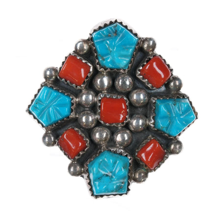 Sz7 Running Bear Shop Native American sterling, carved turquoise/coral ring - Estate Fresh Austin