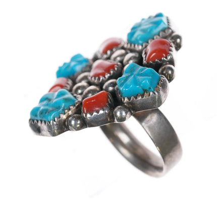 Sz7 Running Bear Shop Native American sterling, carved turquoise/coral ring - Estate Fresh Austin