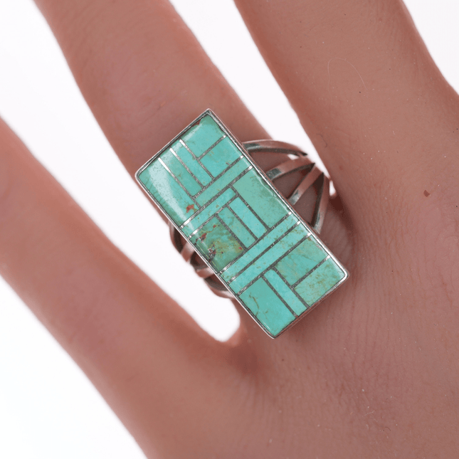 sz7 Southwestern sterling channel inlay turquoise ring - Estate Fresh Austin