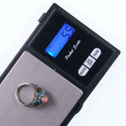 sz7 Vintage Chinese coral Sterling enamel ring - Estate Fresh Austin