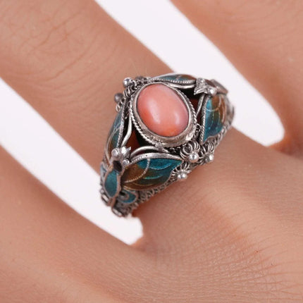 sz7 Vintage Chinese coral Sterling enamel ring - Estate Fresh Austin