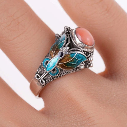 sz7 Vintage Chinese coral Sterling enamel ring - Estate Fresh Austin