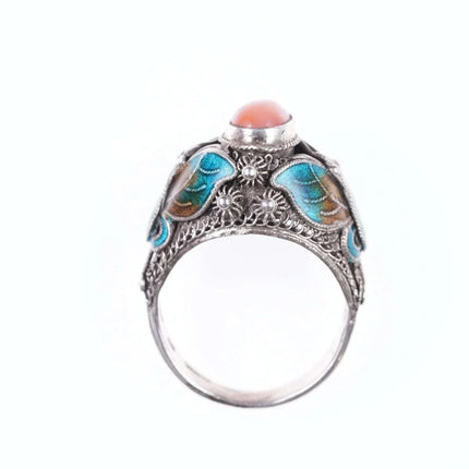 sz7 Vintage Chinese coral Sterling enamel ring - Estate Fresh Austin