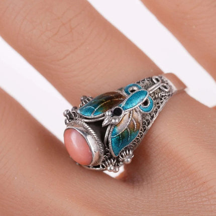 sz7 Vintage Chinese coral Sterling enamel ring - Estate Fresh Austin