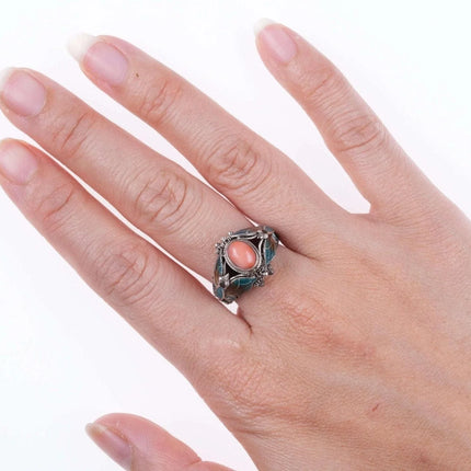 sz7 Vintage Chinese coral Sterling enamel ring - Estate Fresh Austin