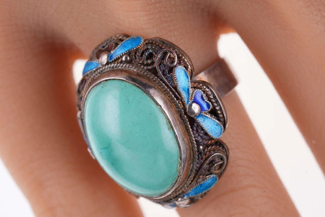 Sz7 Vintage Chinese Turquoise Filigree Sterling Silver Enamel Ring - Estate Fresh Austin