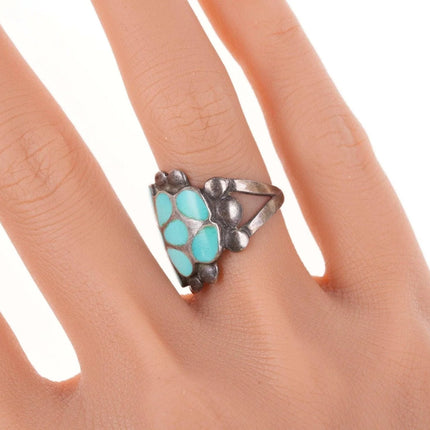 sz7 Vintage Dishta Style Zuni sterling and turquoise flush inlay ring - Estate Fresh Austin